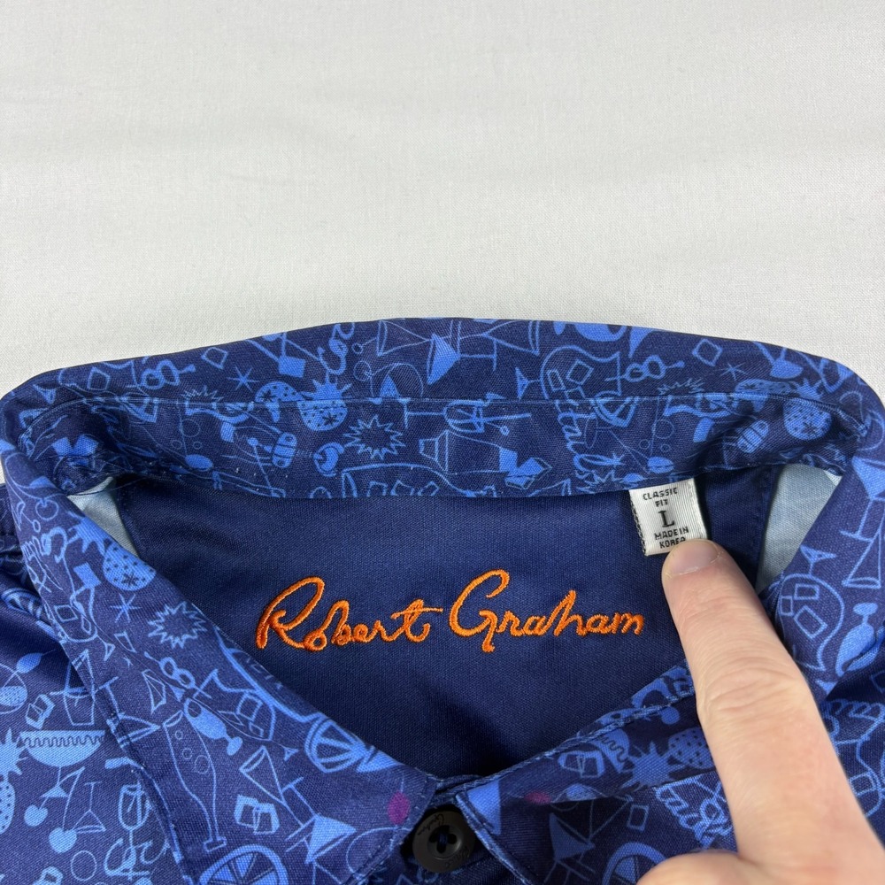 Robert Graham Shirt Men Large Blue Golf Polo Martini Graphic Performance Stretch - Picture 4 of 10